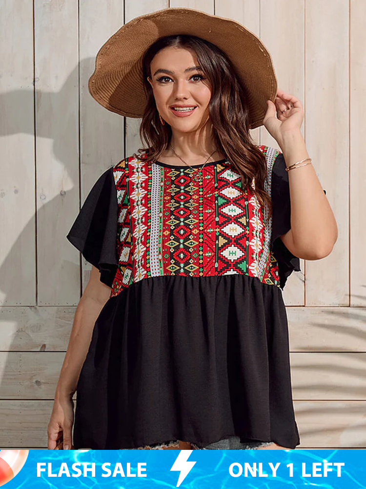 Plus Black Graphic Print Flutter Sleeve Ruffle Hem Blouse