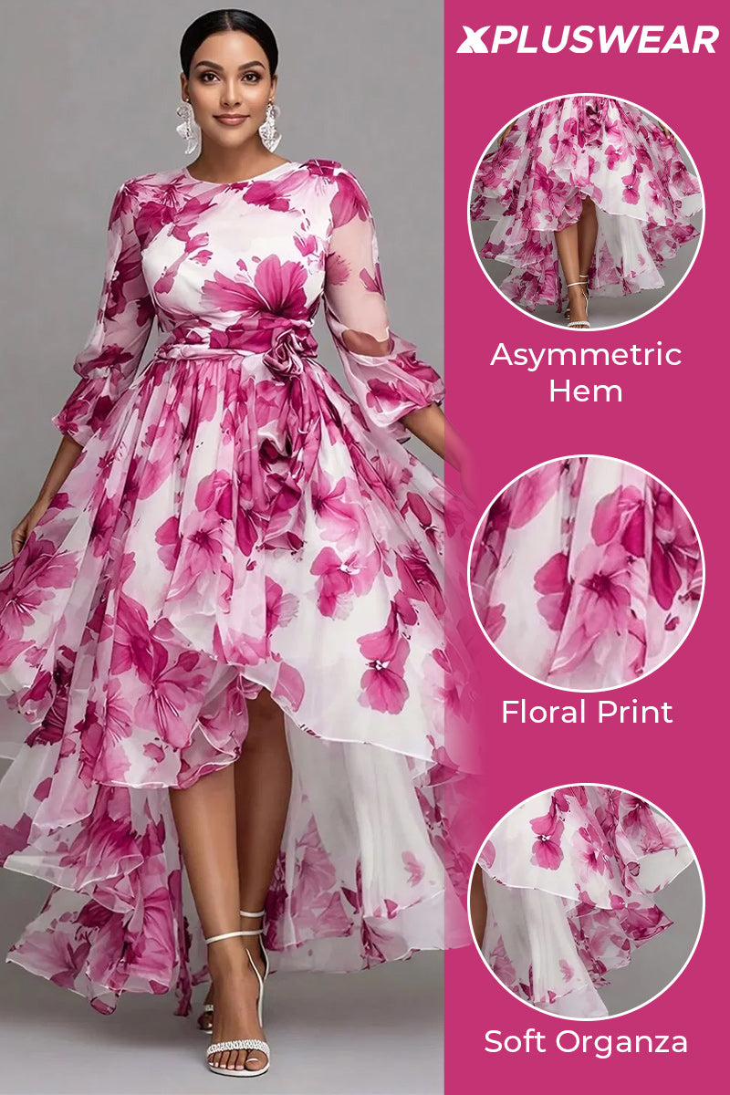 Xpluswear Design Plus Size Wedding Guest Purple Floral Round Neck 3/4 Sleeve Asymmetric Hem Irregular Hem See Through Organza Midi Dresses