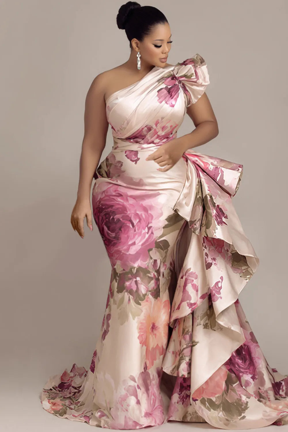Xpluswear Design Plus Size Formal Pink Oblique Collar One Shoulder Ruffle Elegant Satin Maxi Dresses