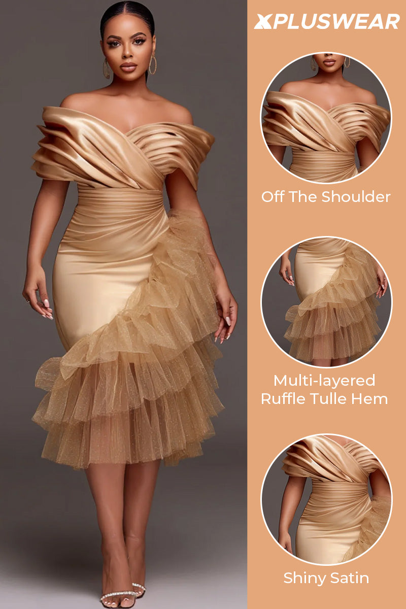 Xpluswear Design Plus Size Wedding Guest Tulle Champagne Off The Shoulder Ruffle Elegant Contrast Satin Midi Dresses