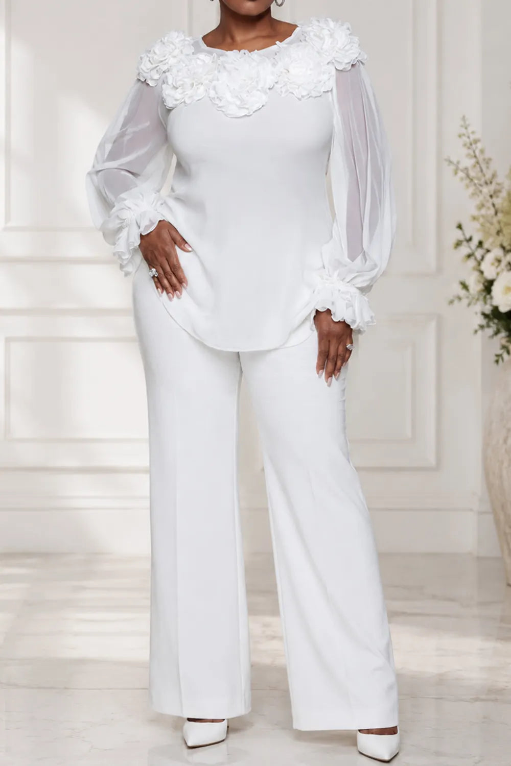 Xpluswear Design Plus Size Daily White Round Neck Lantern Sleeve Long Sleeve 3D See Through Chiffon Blouses [Pre-Order]