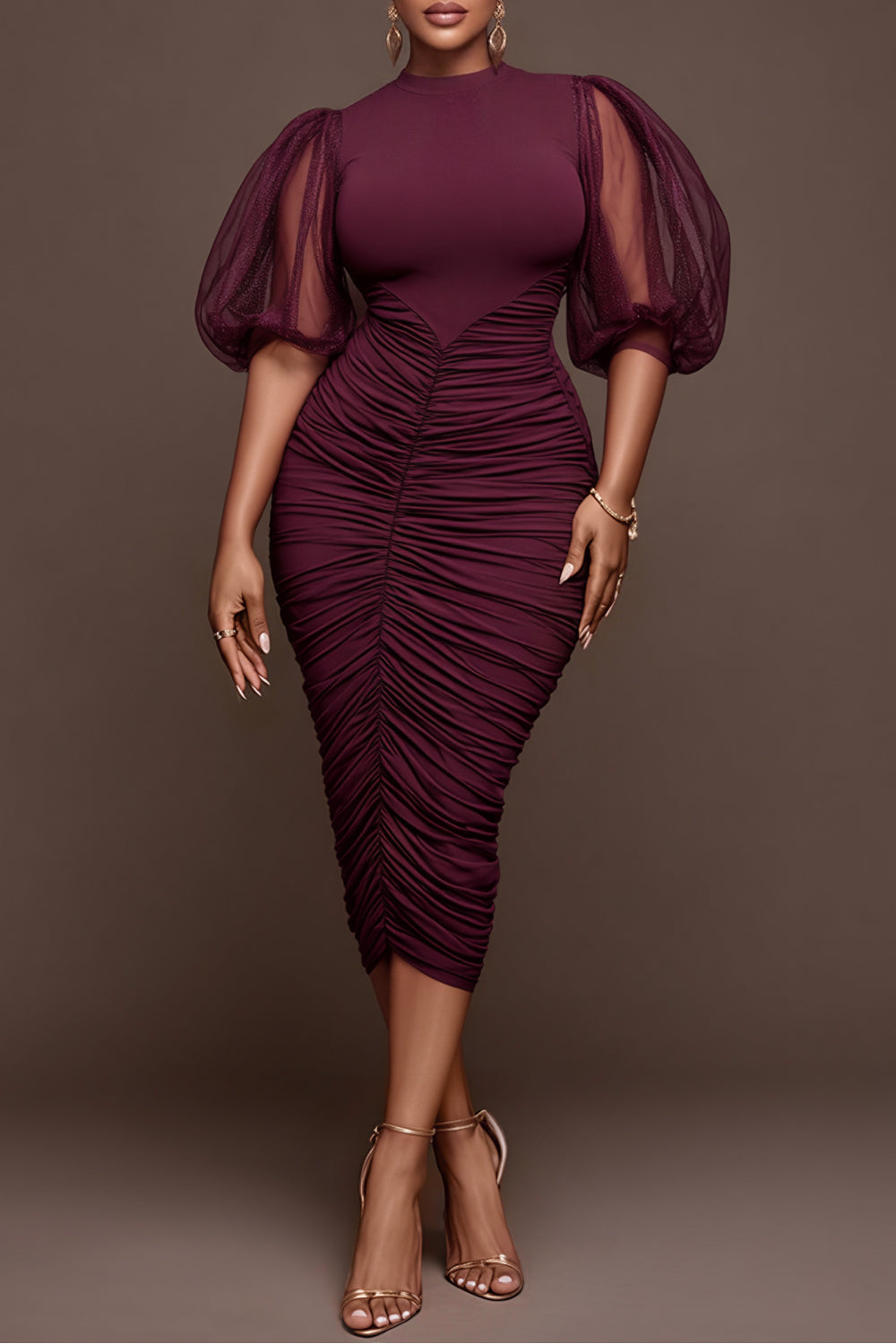 Xpluswear Design Plus Size Cocktail Party Burgundy Round Neck Puff Sleeve Short Sleeve Fold Bodycon Tulle Midi Dresses