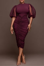 Xpluswear Design Plus Size Cocktail Party Burgundy Round Neck Puff Sleeve Short Sleeve Fold Bodycon Tulle Midi Dresses