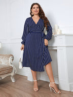 Plus Blue Striped Crisscross Wrap Midi Dress
