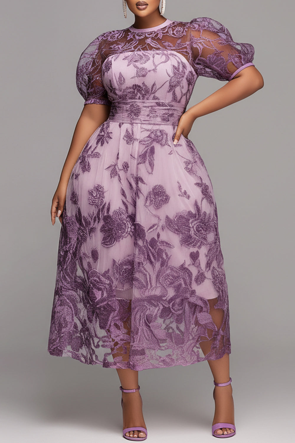Xpluswear Design Plus Size Mother Of The Bride Purple Round Neck Puff Sleeve Short Sleeve See Through Lace Midi Dresses