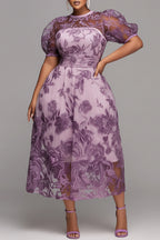 Xpluswear Design Plus Size Mother Of The Bride Purple Round Neck Puff Sleeve Short Sleeve See Through Lace Midi Dresses