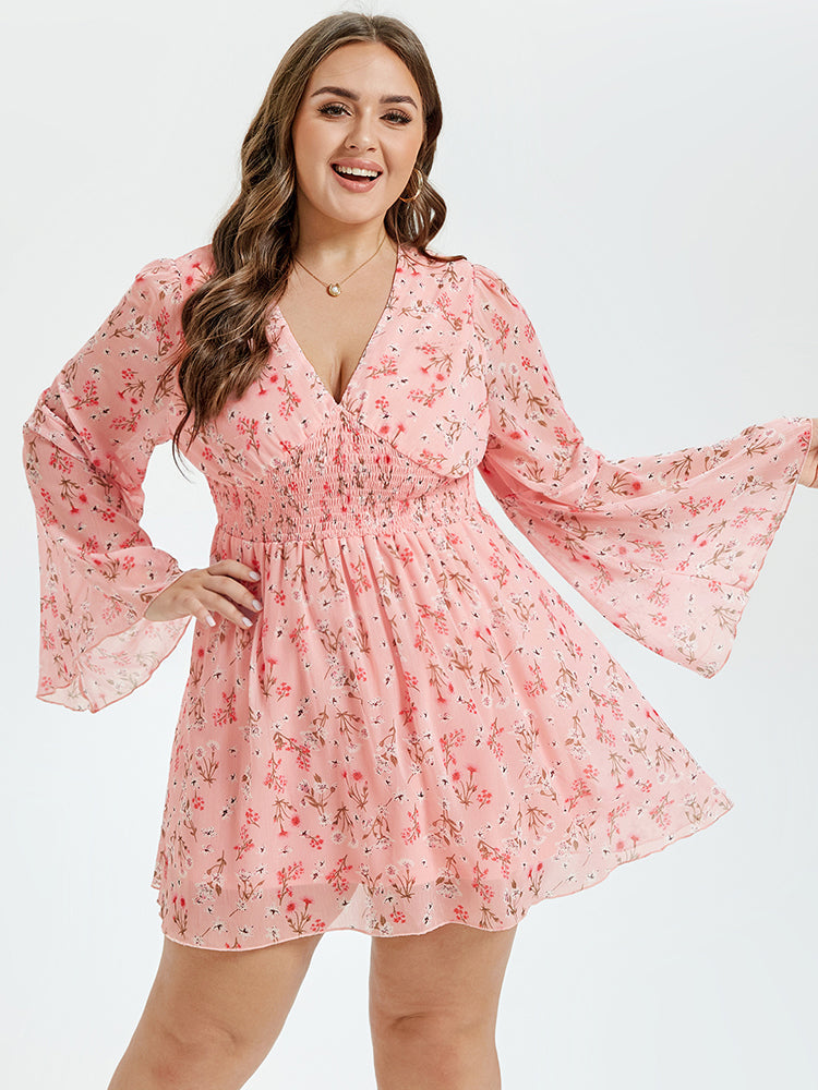 VIP Plus Floral V Neck Ruched Ruffle Short Dress