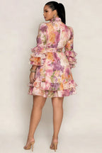 Xpluswear Design Plus Size Wedding Guest Pink Floral Mock Neck 3/4 Sleeve Ruffle Chiffon Mini Dresses