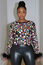 Plus Size Party Blouse Silver Round Neck Disco Sequin Feather Mesh See-Through Blouse