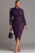 Xpluswear Design Plus Size Business Casual Purple Striped Wrap Neck Long Sleeve Ruffled Elegant Midi Dresses