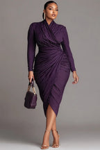 Xpluswear Design Plus Size Business Casual Purple Striped Wrap Neck Long Sleeve Ruffled Elegant Midi Dresses