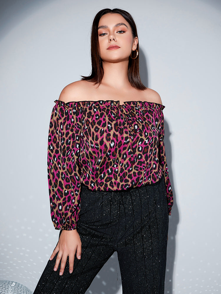 Plus Off Shoulder Frill Trim Leopard Blouse