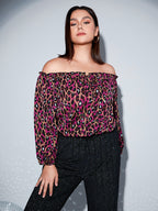 Plus Off Shoulder Frill Trim Leopard Blouse