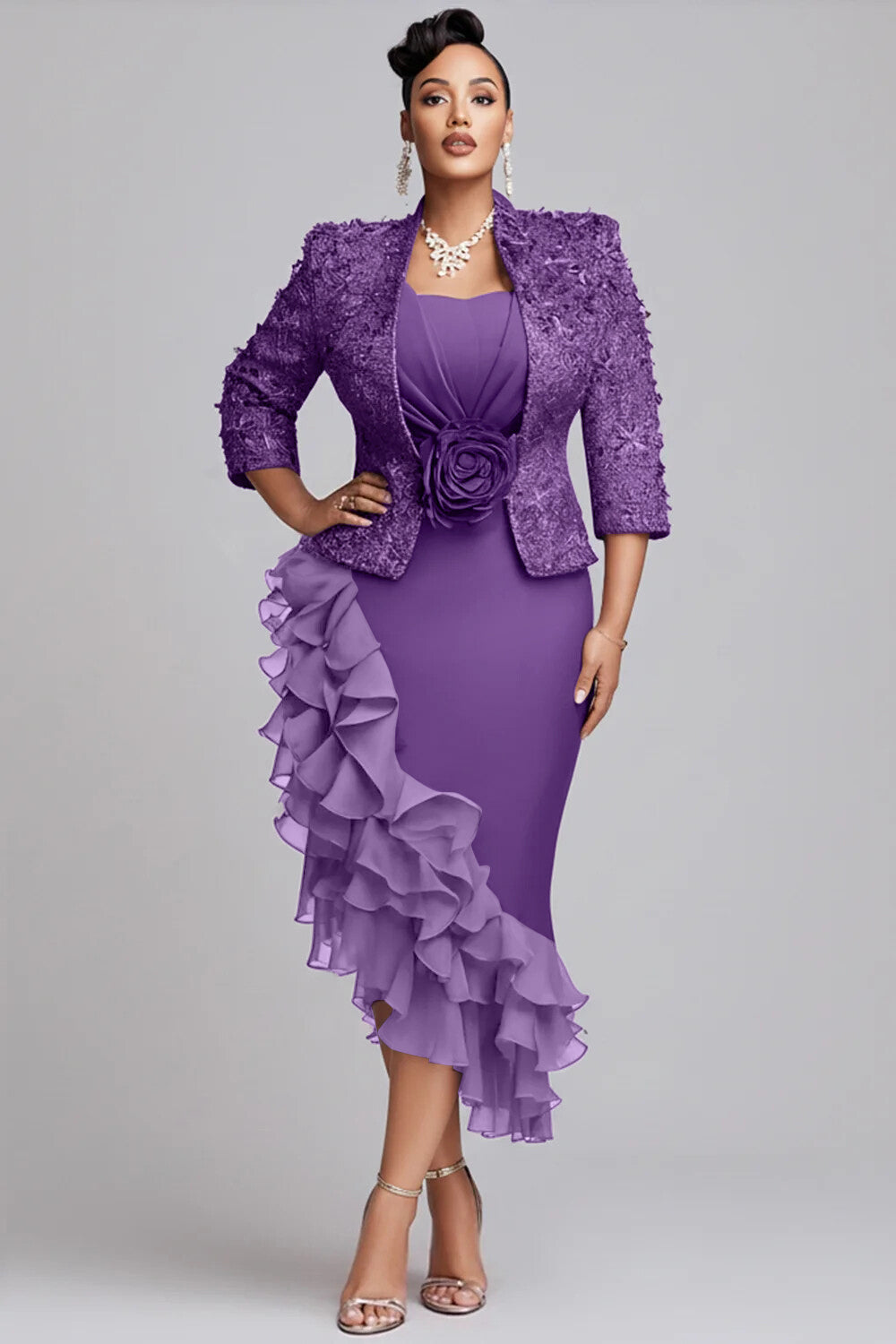 Xpluswear Design Plus Size Churchs Gold 3/4 Sleeve Ruffle Elegant 3D Two Piece Dress Set