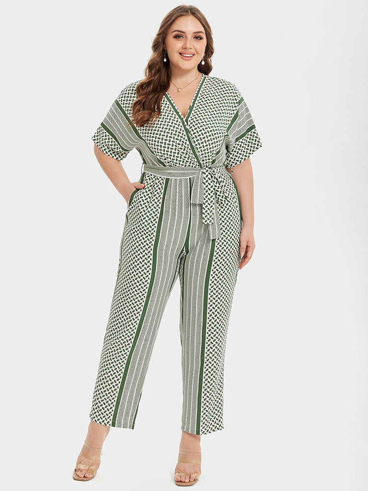 Plus Sage Green Striped V-Neck Pocket Wrap Jumpsuit