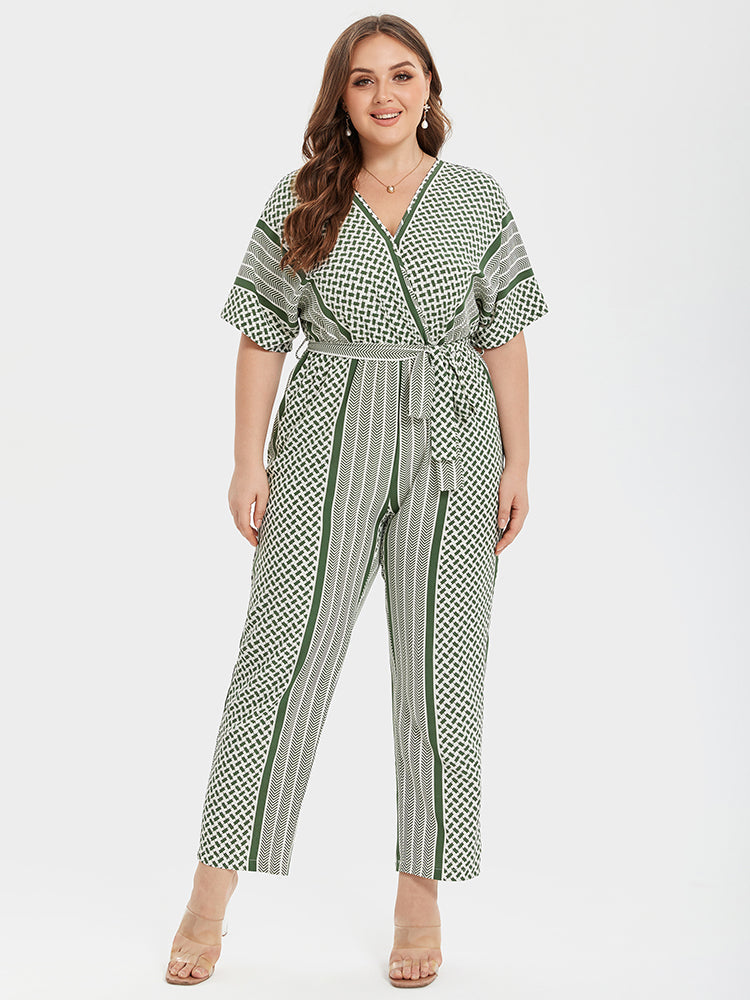 Plus Sage Green Striped V-Neck Pocket Wrap Jumpsuit