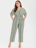 Plus Sage Green Striped V-Neck Pocket Wrap Jumpsuit