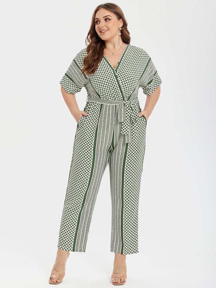 Plus Sage Green Striped V-Neck Pocket Wrap Jumpsuit