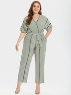 Plus Sage Green Striped V-Neck Pocket Wrap Jumpsuit