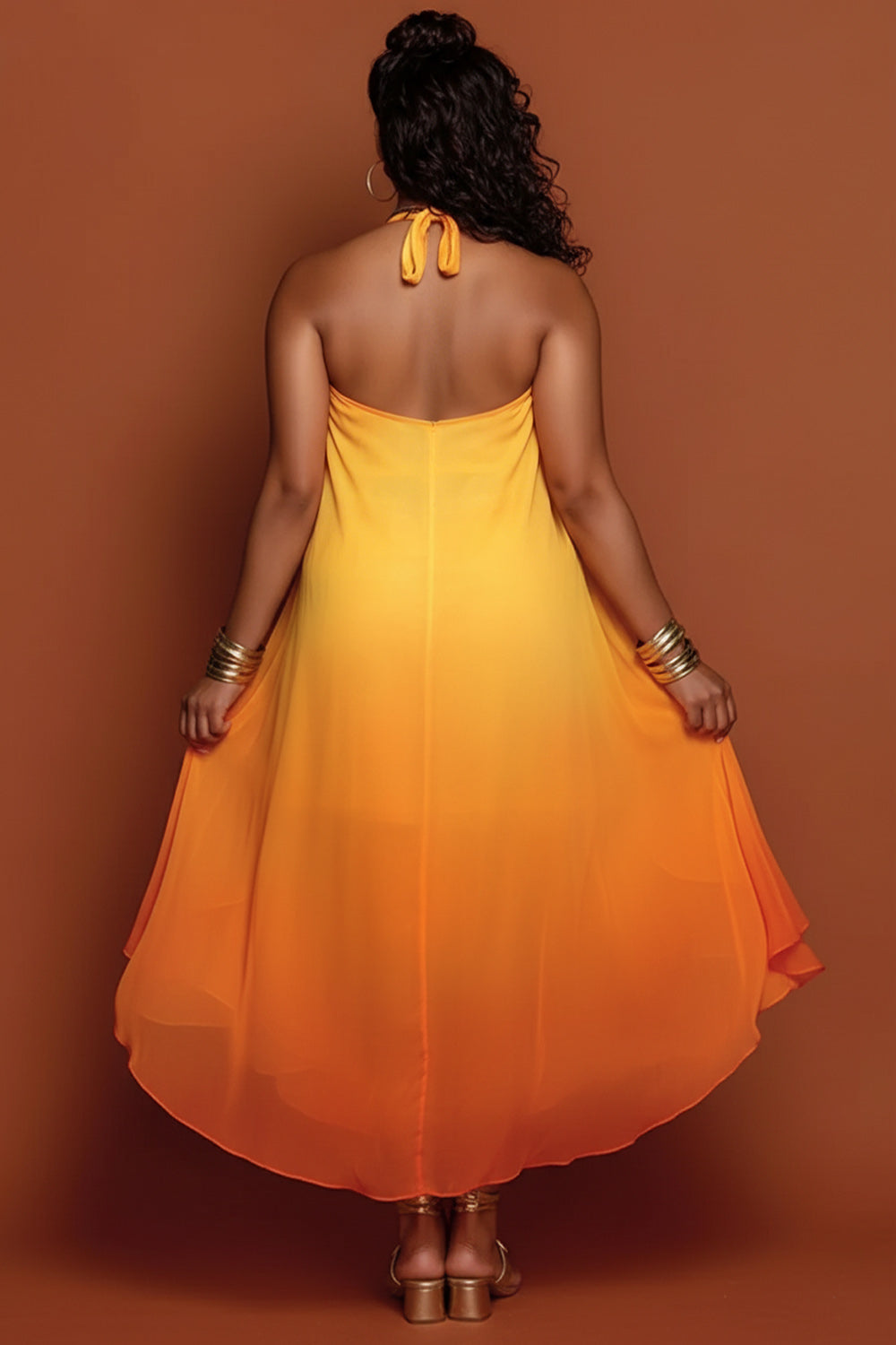 Xpluswear Design Plus Size Vacation Sundress Multicolor Gradient Halter Collar Ruffle Asymmetric Hem Irregular Hem Chiffon Midi Dresses