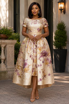 Xpluswear Design Plus Size Wedding Guest Elegant Champagne Floral Short Sleeve Pocket Satin Midi Dresses