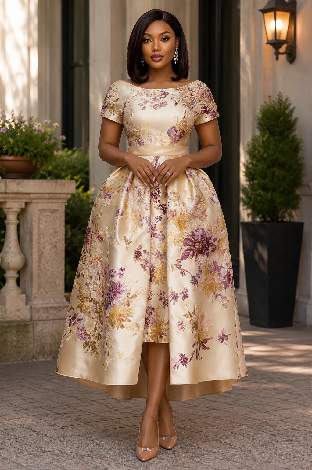 Xpluswear Design Plus Size Wedding Guest Elegant Champagne Floral Short Sleeve Pocket Satin Midi Dresses
