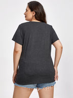 Plus Black Round Neck Button Ditsy Hem Tee