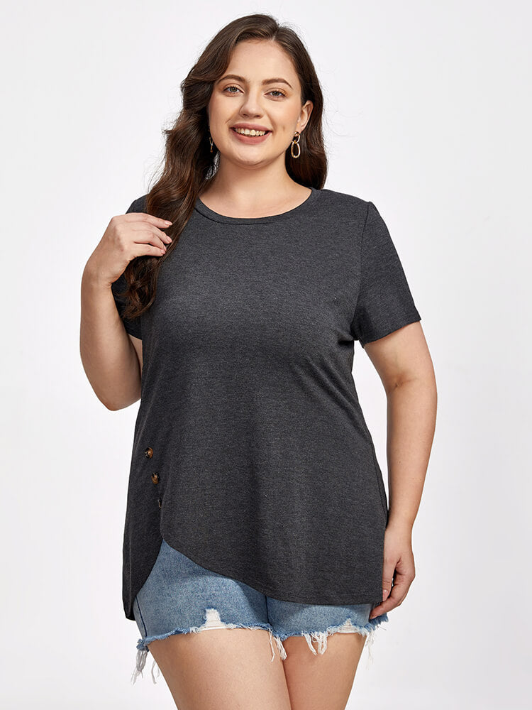 Plus Black Round Neck Button Ditsy Hem Tee