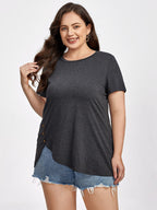 Plus Black Round Neck Button Ditsy Hem Tee