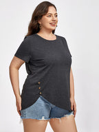 Plus Black Round Neck Button Ditsy Hem Tee