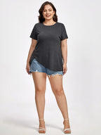 Plus Black Round Neck Button Ditsy Hem Tee