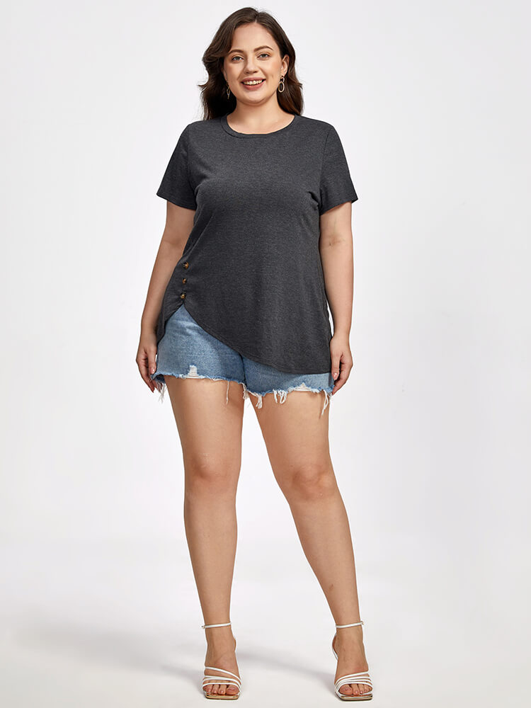 Plus Black Round Neck Button Ditsy Hem Tee