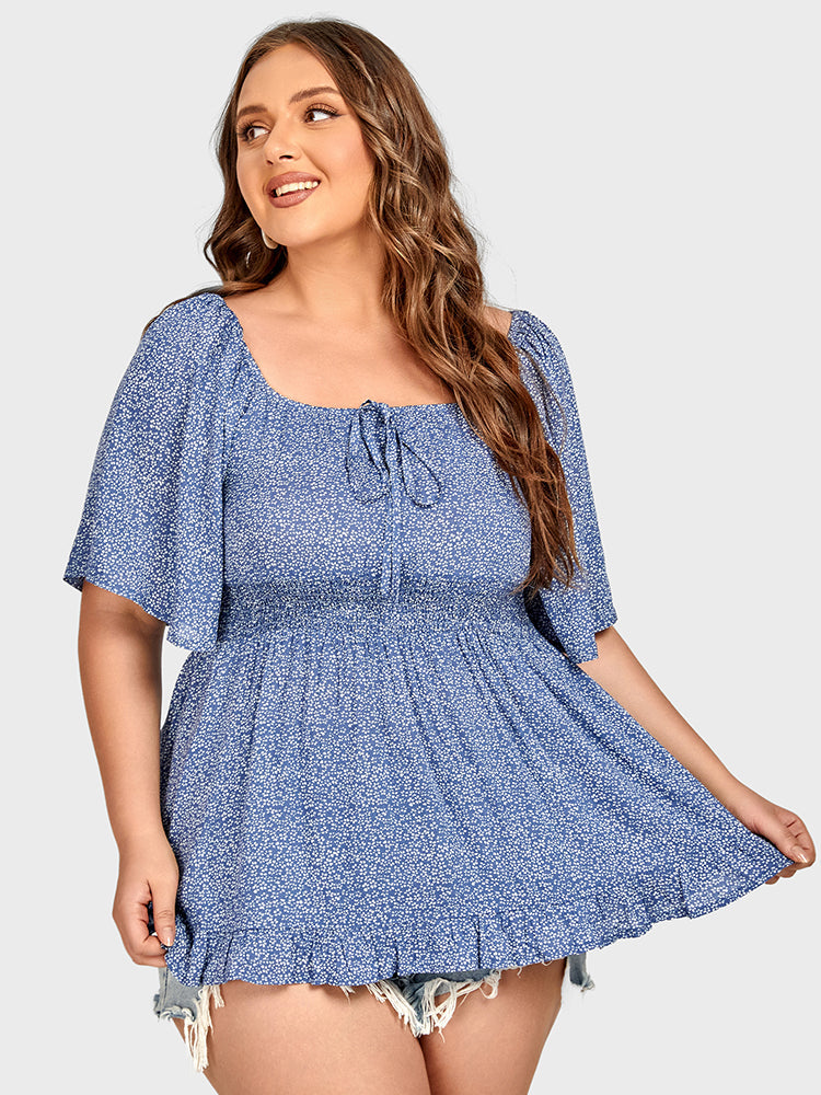 Plus Blue Floral Tie Front Ruffle Sleeve Babydoll Blouse