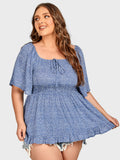 Plus Blue Floral Tie Front Ruffle Sleeve Babydoll Blouse
