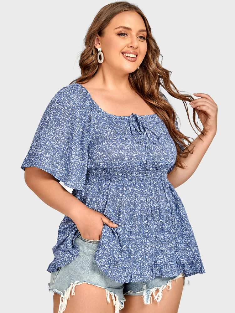 Plus Blue Floral Tie Front Ruffle Sleeve Babydoll Blouse