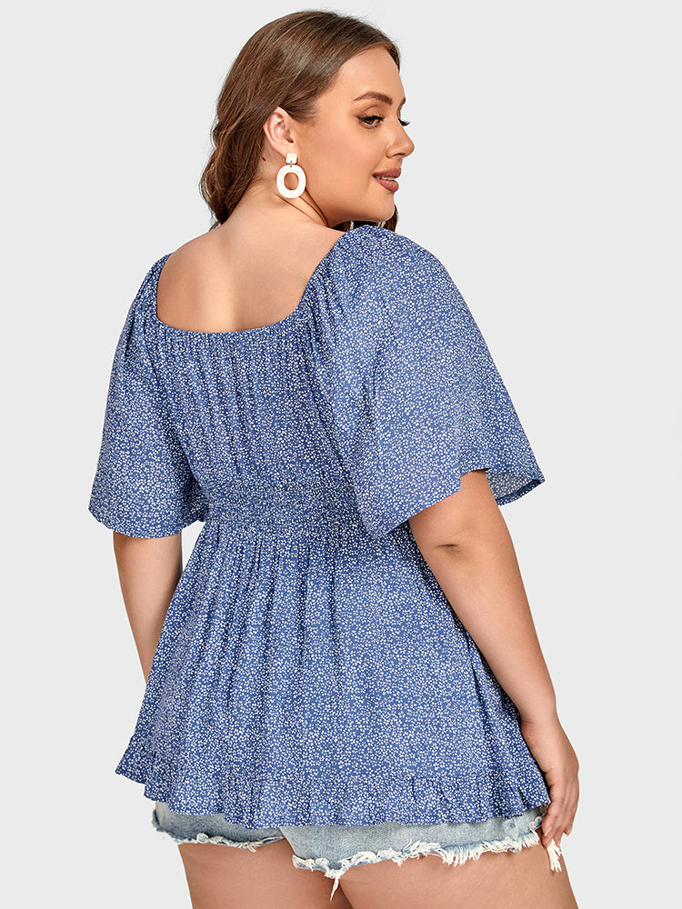 Plus Blue Floral Tie Front Ruffle Sleeve Babydoll Blouse