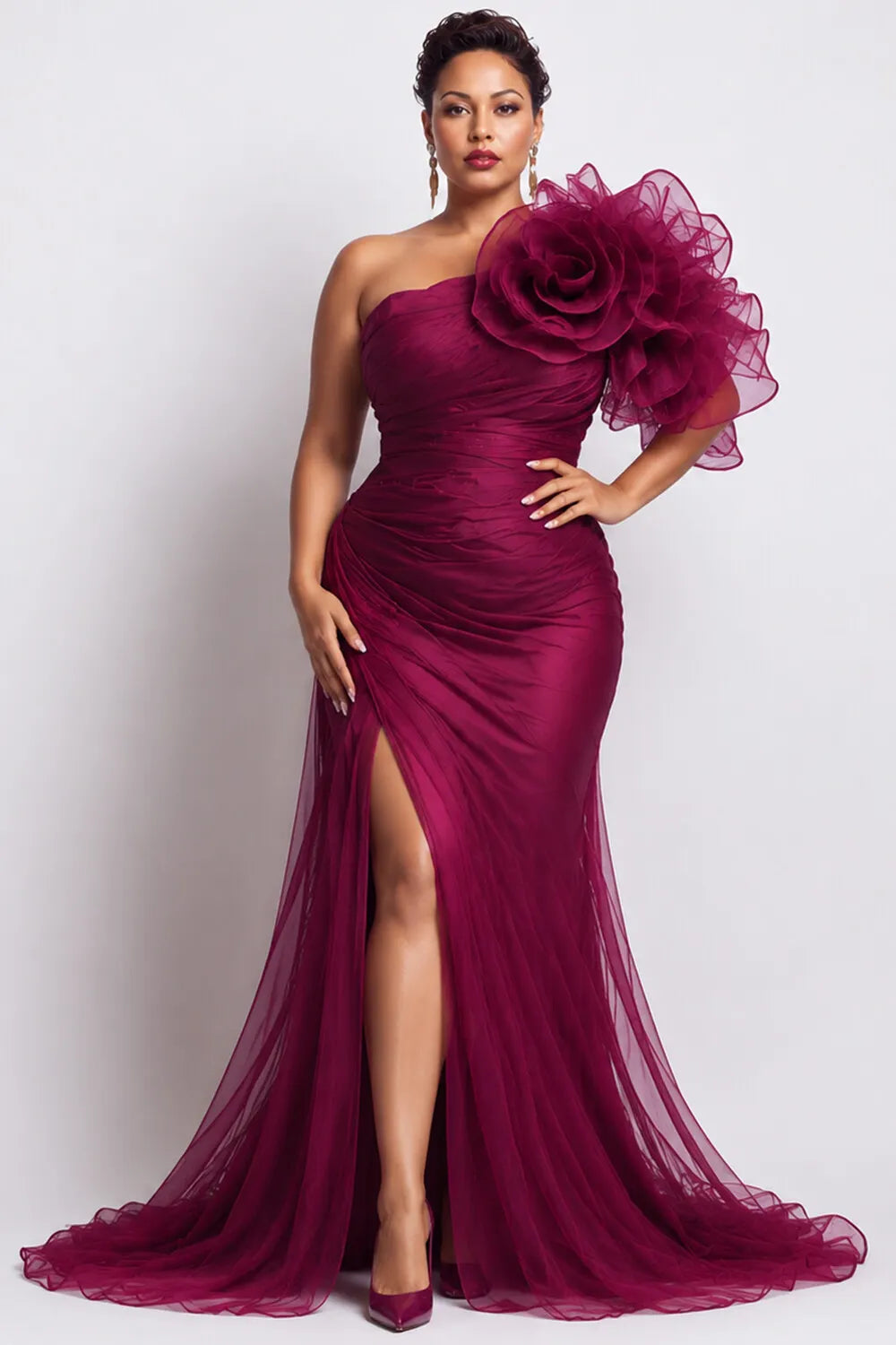 Xpluswear Design Plus Size Formal Black Oblique Collar One Shoulder Short Sleeve 3D Split Chiffon Maxi Dresses [Pre-Order]