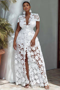 Xpluswear Design Plus Size Vacation White V Neck Short Sleeve Split See Through Maxi Dresses