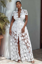 Xpluswear Design Plus Size Vacation White V Neck Short Sleeve Split See Through Maxi Dresses