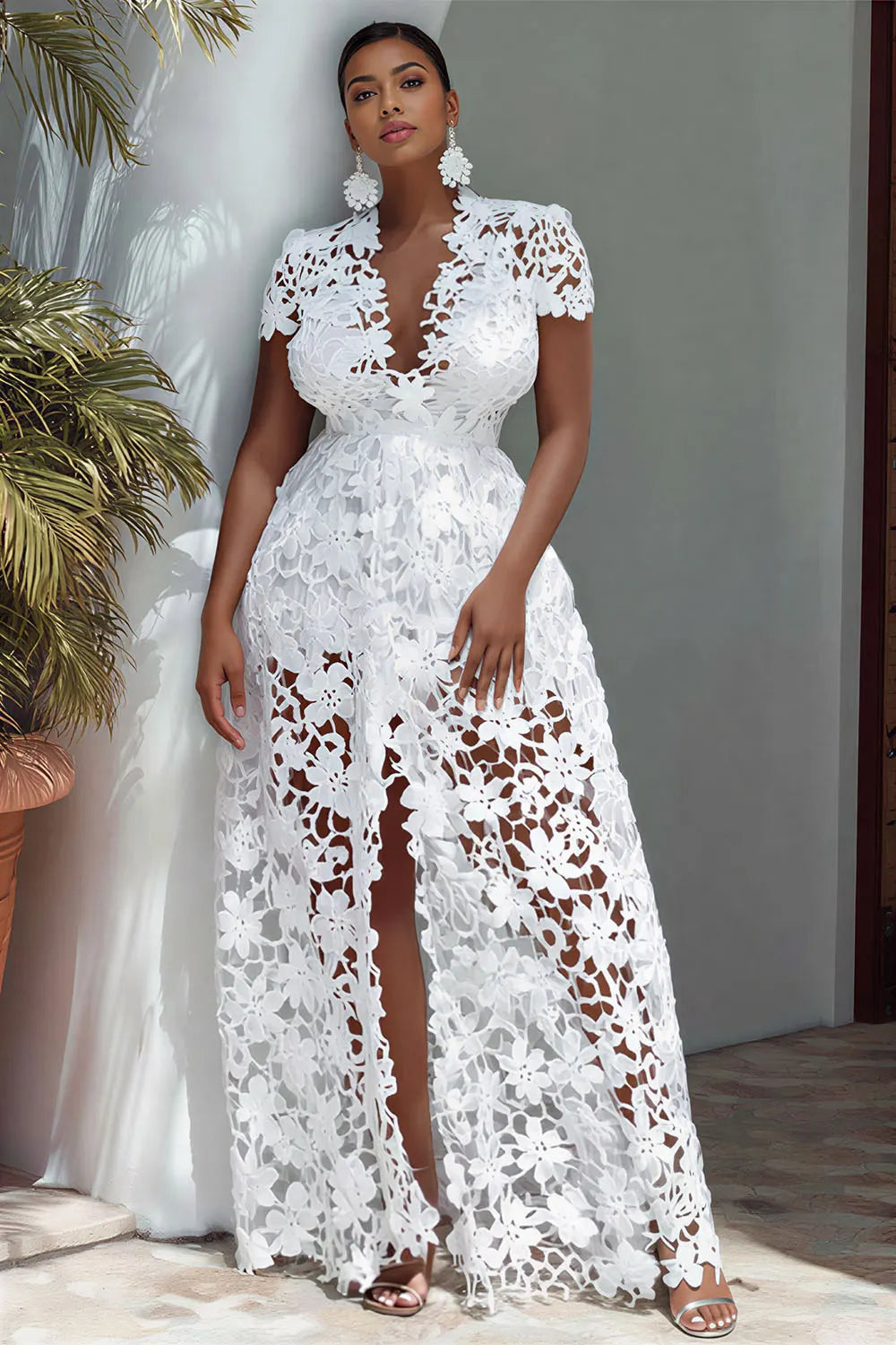 Xpluswear Design Plus Size Vacation White V Neck Short Sleeve Split See Through Maxi Dresses