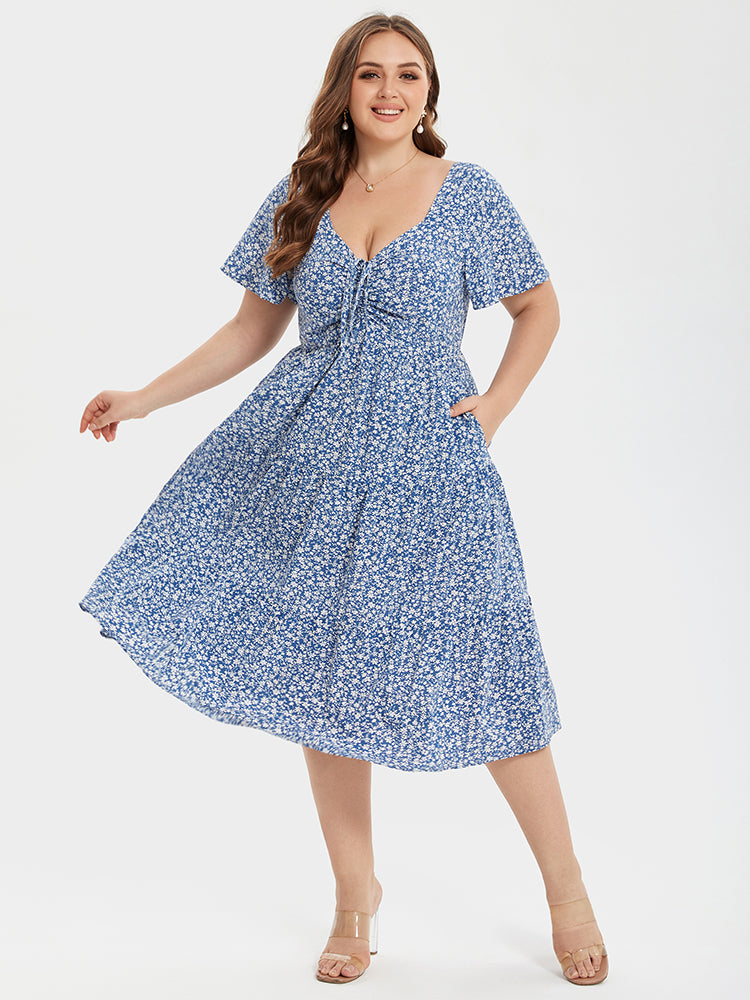 VIP Floral Print Knot Front Ruffle Hem Midi Dress