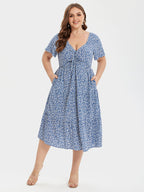 VIP Floral Print Knot Front Ruffle Hem Midi Dress