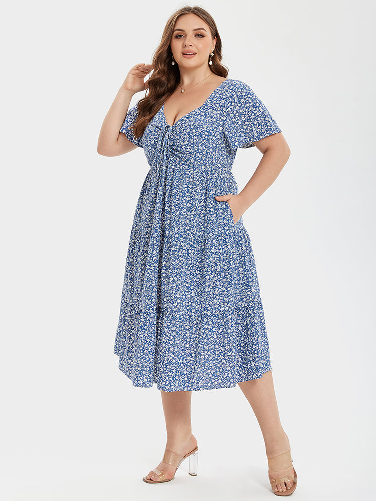 VIP Floral Print Knot Front Ruffle Hem Midi Dress