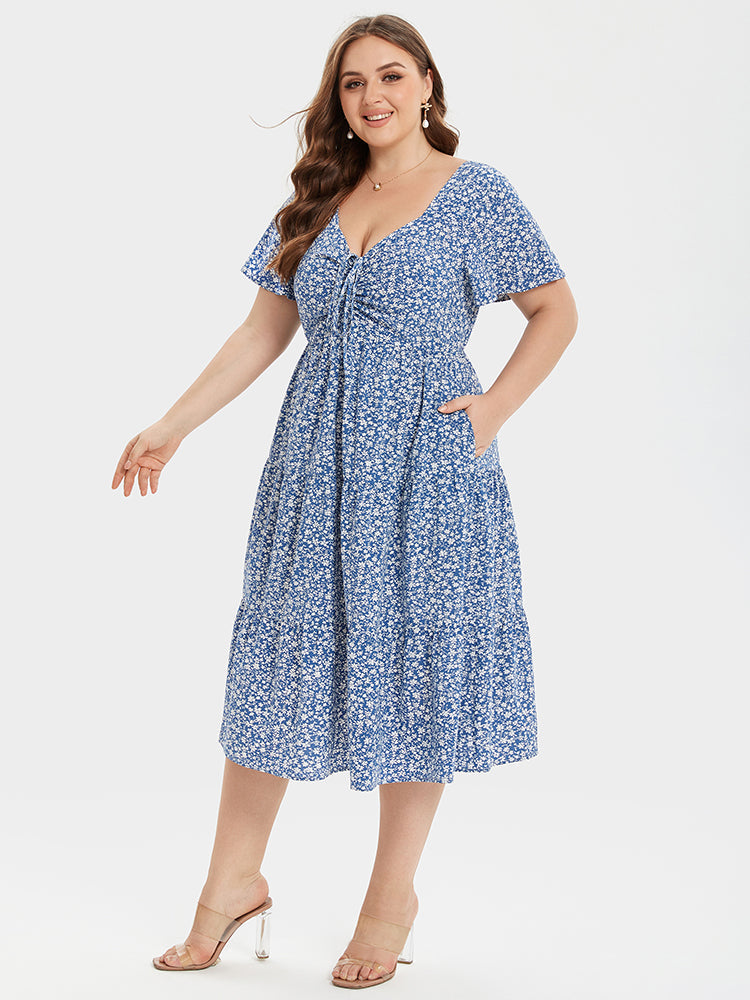 VIP Floral Print Knot Front Ruffle Hem Midi Dress