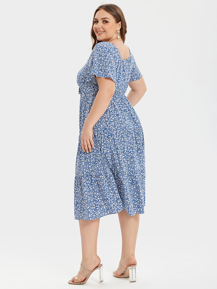 VIP Floral Print Knot Front Ruffle Hem Midi Dress
