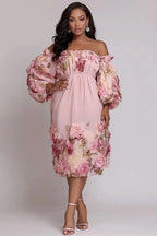 Xpluswear Design Plus Size Cocktail Party Pink Floral Off The Shoulder 3D Chiffon Midi Dresses