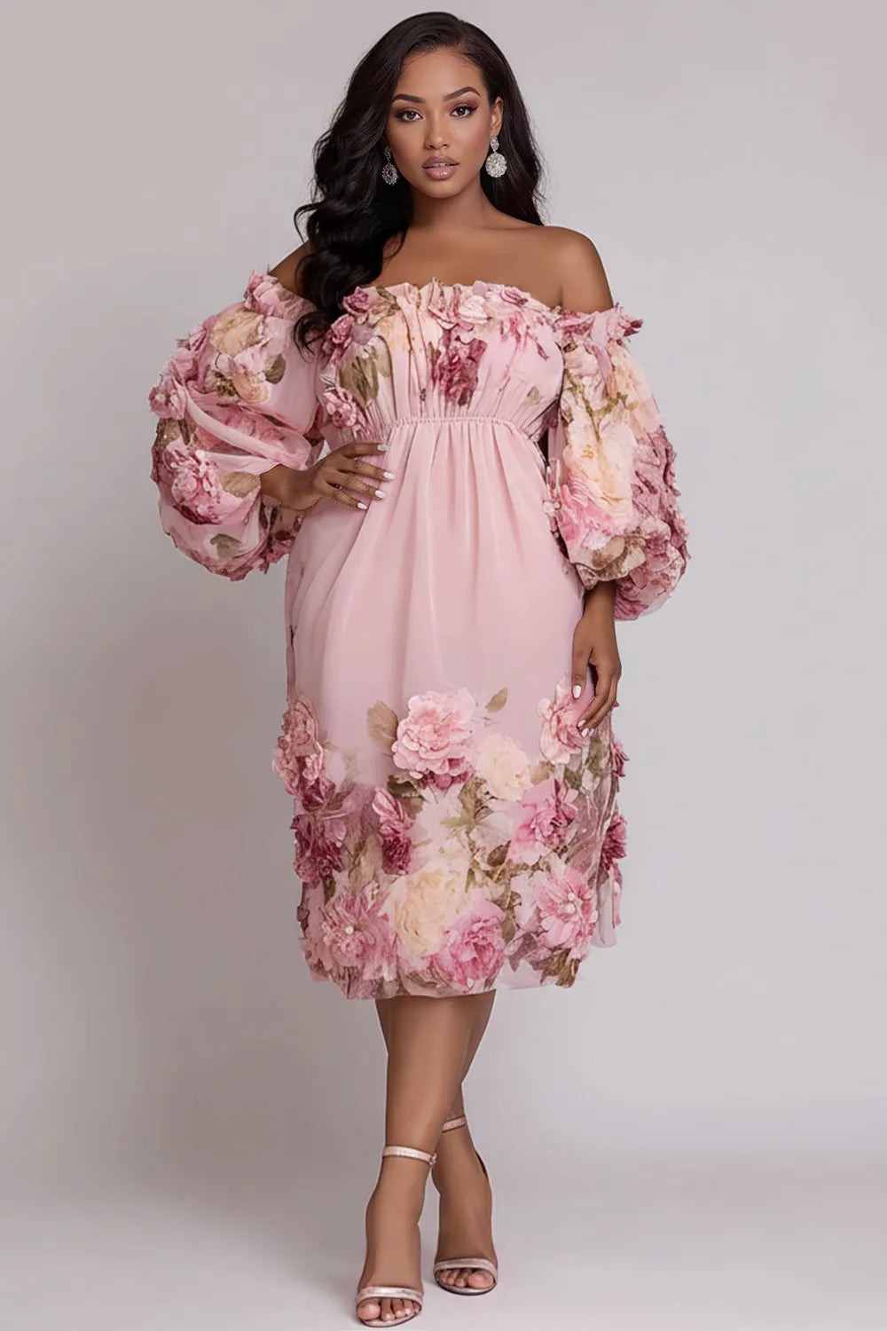 Xpluswear Design Plus Size Cocktail Party Pink Floral Off The Shoulder 3D Chiffon Midi Dresses