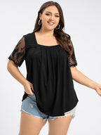 Plus Black Lace Patchwork Square Neck Ruched Tee