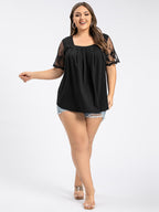 Plus Black Lace Patchwork Square Neck Ruched Tee