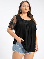 Plus Black Lace Patchwork Square Neck Ruched Tee